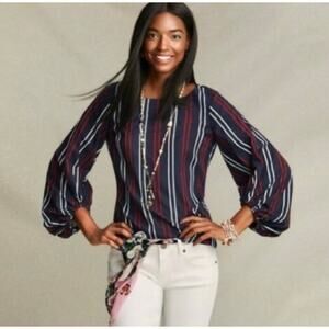 CAbi Freedom Flag Blouse Womens Large Striped Balloon Sleeve Navy Patriotic 5516